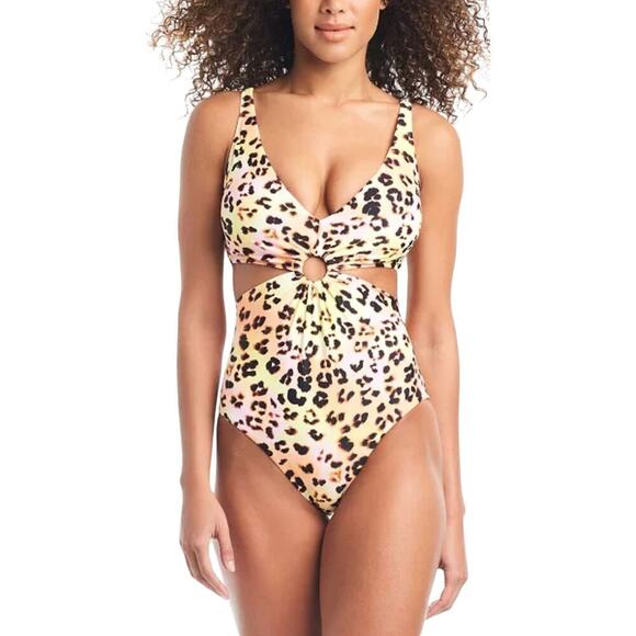 Bar lll Animal Print O-Ring Monokini Swimsuit Large Pink/Black/Yellow NWT - Picture 1 of 9